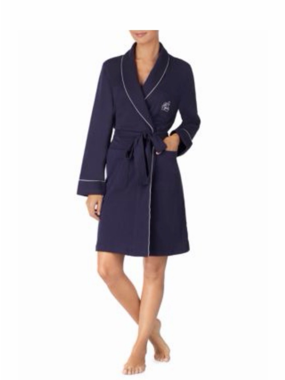 Lauren Ralph Lauren Women's Navy Shawl Collar Robe with Contrast Piping, XL